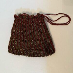 VINTAGE BAG POUCH MINI BEADED DRAWSTRING BROWN RED GOLD